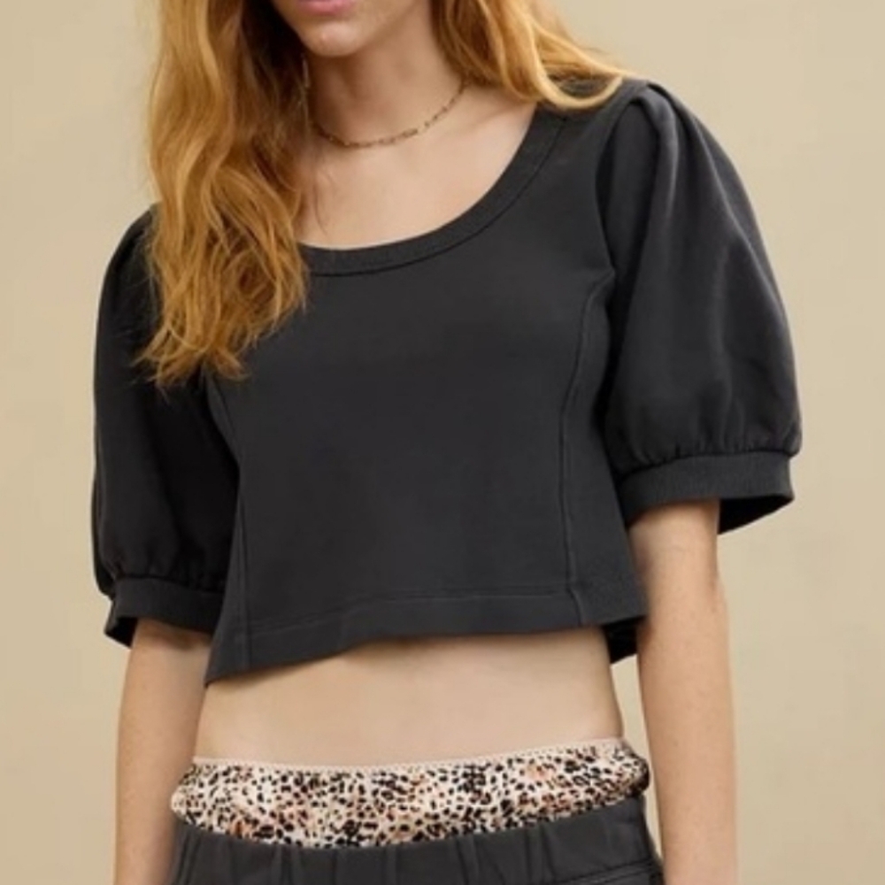 Aerie Seams Right Charcoal Puff Sleeve Cropped Sweatshirt, XS